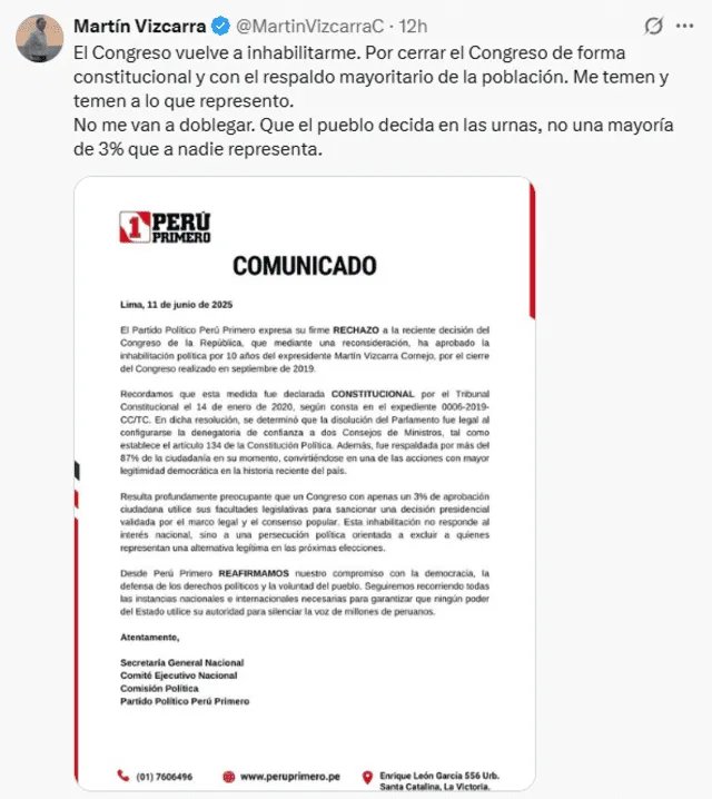 Tweet de Martín Vizcarra contra el Congreso tras nueva inhabilitación. Tweet de Martín Vizcarra contra el Congreso tras nueva inhabilitación.