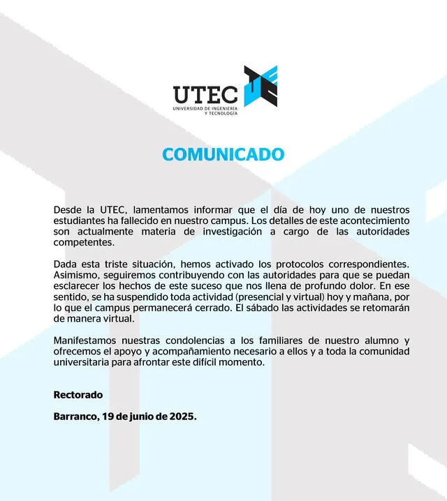 Comunicado UTEC tras el incidente. Foto: X Comunicado UTEC tras el incidente. Foto: X