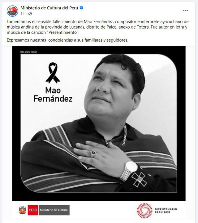 Mensaje del Ministerio de Cultura del Perú por muerte de Mao Fernández. Foto: captura/Facebook