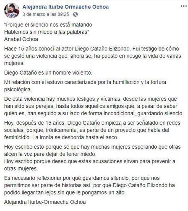 Mensaje en Facebook de víctima de agresión de Diego Cataño