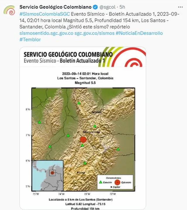 Sismo en Colombia HOY 14 de septiembre