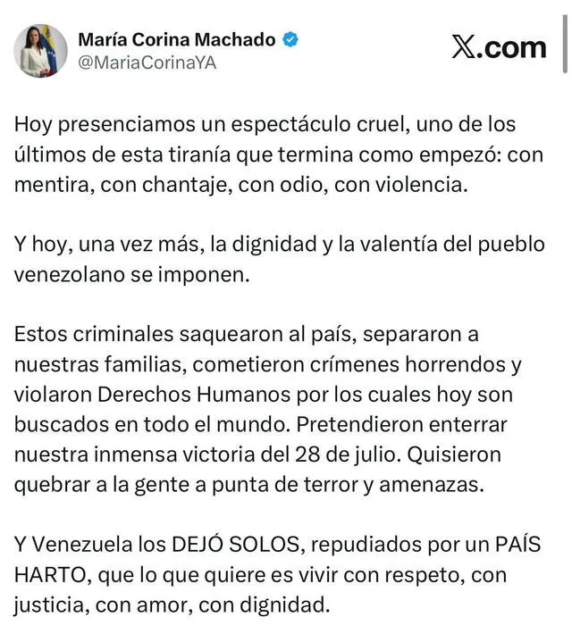 María Corina Machado sobre el régimen de Nicolás Maduro. Fuente: @MariaCorinaYA/X<br> María Corina Machado sobre el régimen de Nicolás Maduro. Fuente: @MariaCorinaYA/X<br>