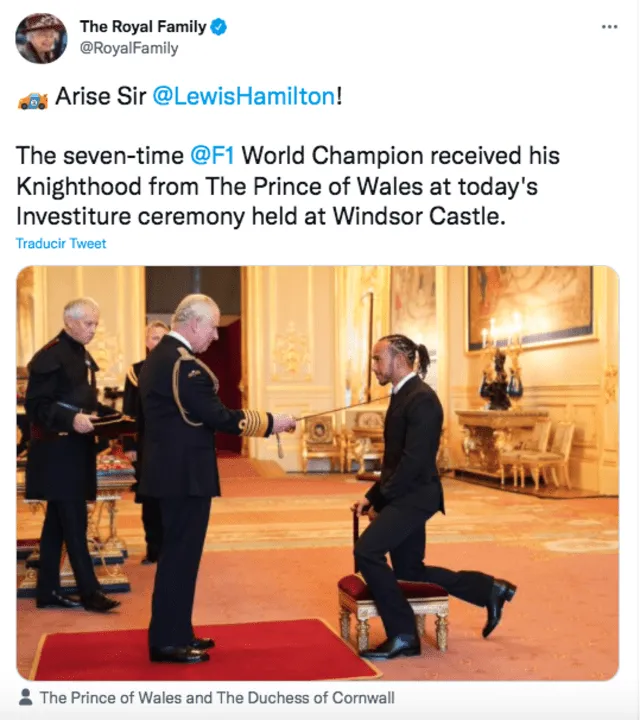 Lewis Hamilton es el cuarto piloto que logra esta distinción. Foto: Twitter The Royal Family