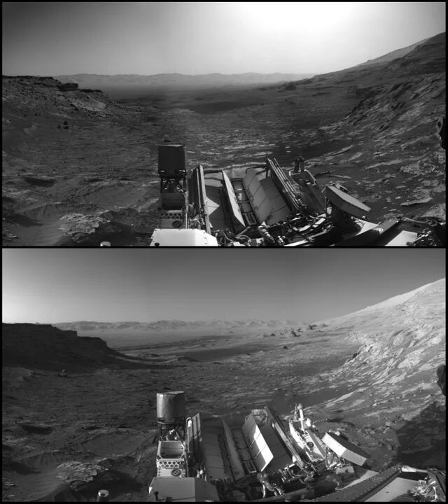 Las dos fotografías originales tomadas por el Curiosity, en distintos momentos del día. Foto: NASA / JPL-Caltech