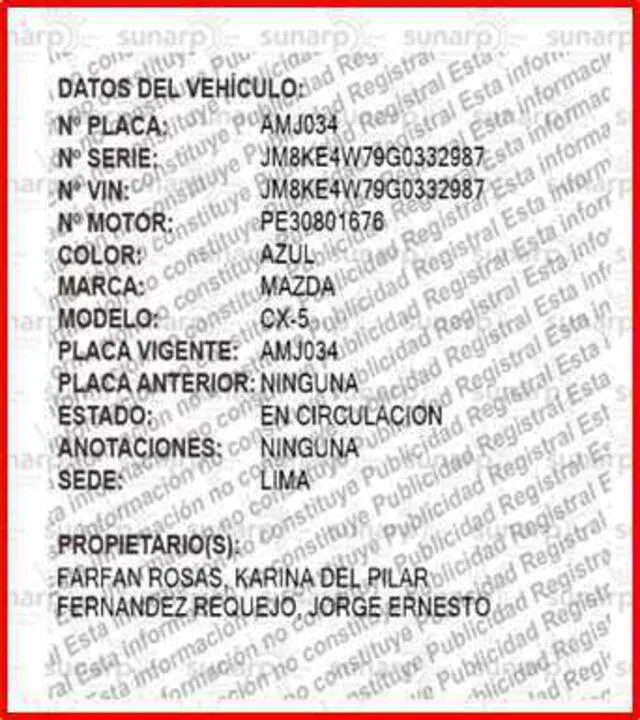 Datos del vehículo de Jorge Fernández