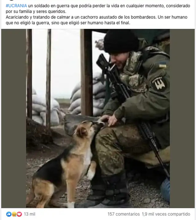 Publicación viral en Facebook que muestra a un supuesto soldado ucraniano en medio de la Guerra en Ucrania. Fuente: Captura LR, Facebook. Publicación viral en Facebook que muestra a un supuesto soldado ucraniano en medio de la Guerra en Ucrania. Fuente: Captura LR, Facebook.