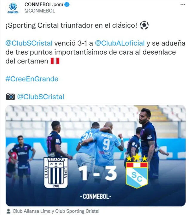 Cristal le infligió a Alianza Lima su segunda derrota del año. Foto: Conmebol