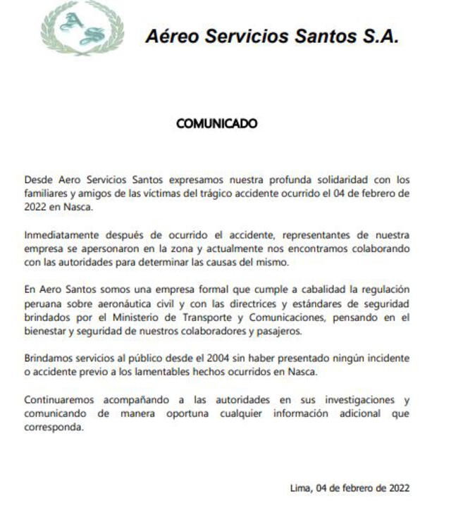 Comunicado de Aero Santos.