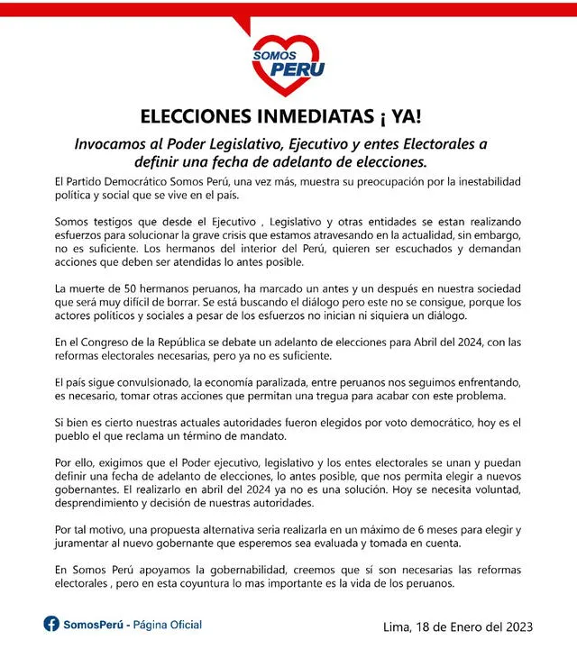 Comunicado de Somos Perú sobre el adelanto de Elecciones