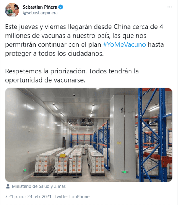 Tuit de Piñera. Foto: Captura de Twitter