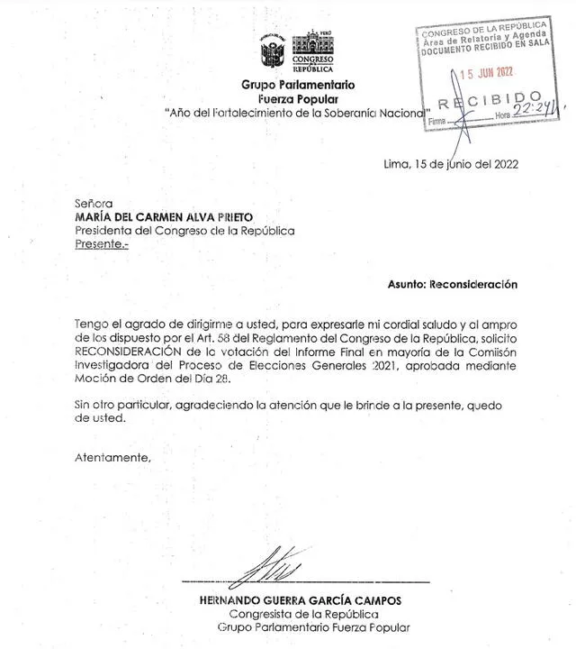 Pedido de Guerra García a la presidenta del Congreso. Foto: documento
