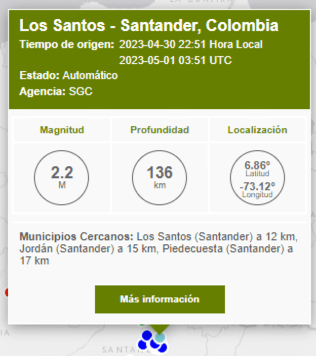 Último temblor registrado en Colombia el domingo 30 de abril. Foto: SGC.