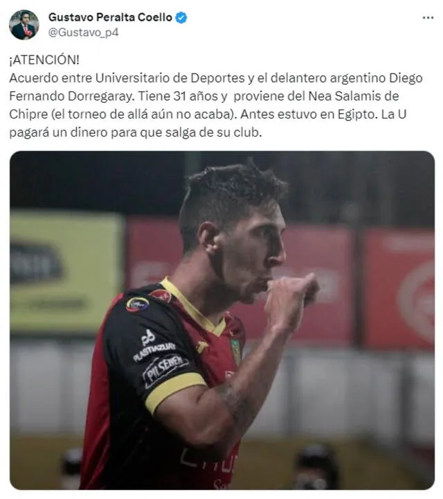 Tuit de Gustavo Peralta sobre Diego Dorregaray. Foto: captura de X 