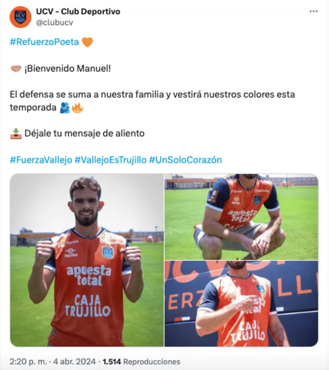 Así presente César Vallejo a su nuevo refuerzo de la temporada 2024. Foto: Twitter/Club César Vallejo.   