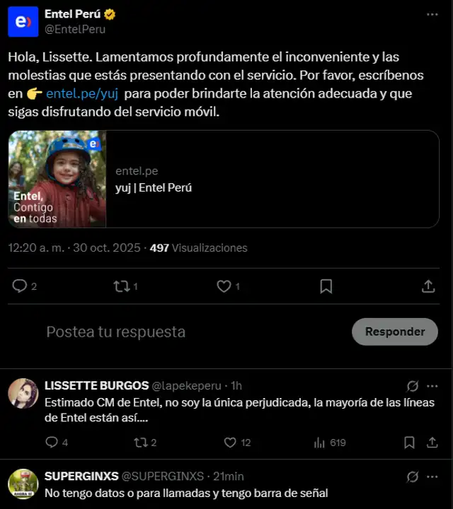 Respuesta de Entel a usuario. Captura: X   