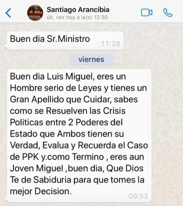 Mensaje de Santiago Arancibia a ministro Incháustegui