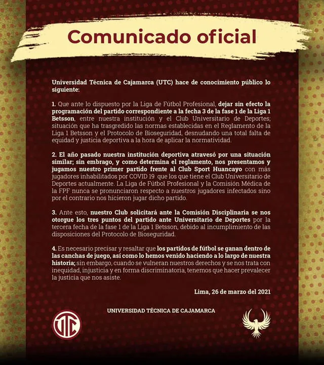 Comunicado del club cajamarquino. Foto: UTC