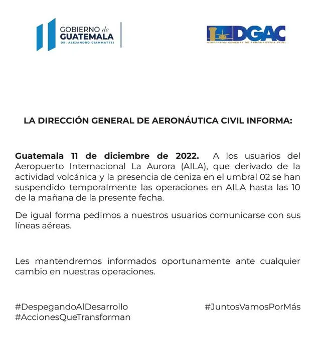 La Dirección General de Aeronáutica Civil publicó un comunicado informando el cierre temporal del aeropuerto La Aurora.  Foto: @EpicentroGuate/Twitter