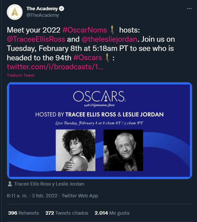 Tracee Ellis y Leslie Jordan anunciarán a los nominados a los Óscar 2022. Foto: @TheAcademy