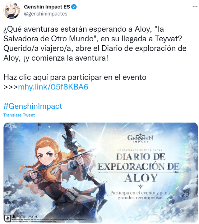 Aloy tendrá su propio evento para poder jugar con su personaje gratuitamente. Foto: Twitter Genshin Impact.