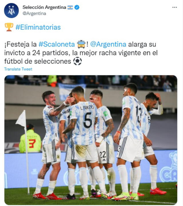 Selección argentina celebro alargar su invicto de 24 partidos. Foto: Twitter Selección Argentina