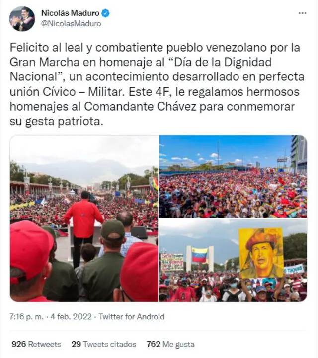 Nicolás Maduro destaca la marcha que se realizó en Caracas este 4 de febrero y llo denominó como "Día de la Digidad Nacional". Foto: captura Twitter/@NicolasMaduro