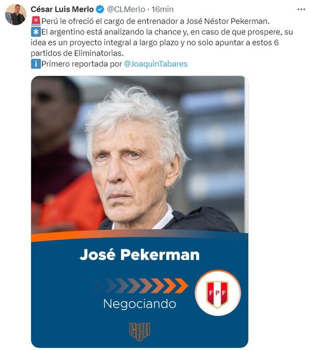  José Pékerman recibió el ofrecimiento de la FPF para ser DT de Perú. Foto: X/César Luis Merlo   