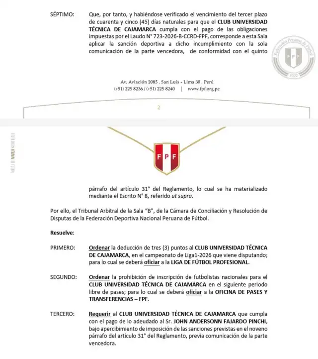 Cámara de Conciliación y Resolución de Disputas de la FPF sanción con la reducción de tres puntos a UTC. Cámara de Conciliación y Resolución de Disputas de la FPF sanción con la reducción de tres puntos a UTC.