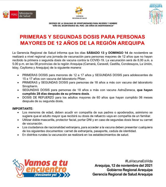 Arequipa: falta vacunar contra la COVID-19 a 250.000 personas mayores de 12 años
