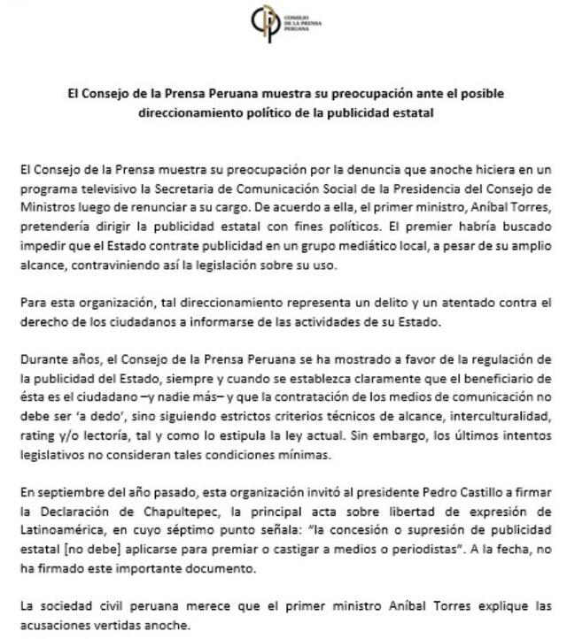 Consejo de la Prensa Peruana se pronunció sobre la denuncia de periodista al primer ministro. Foto: Difusión