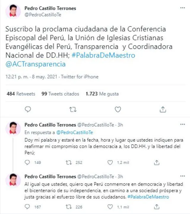 Tuit de Pedro Castillo sobre respaldo a la Proclama Ciudadana
