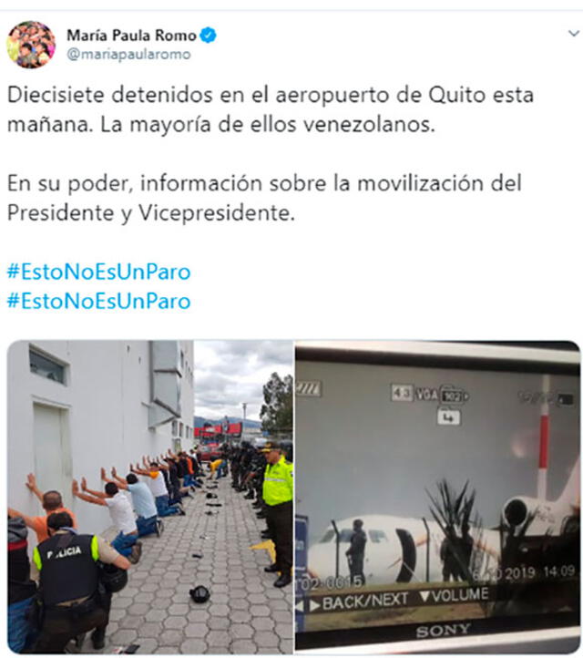 La ministra ecuatoriana de Gobierno, María Paula Romo, informó sobre la captura de estos venezolanos en Twitter. Foto: captura de pantalla