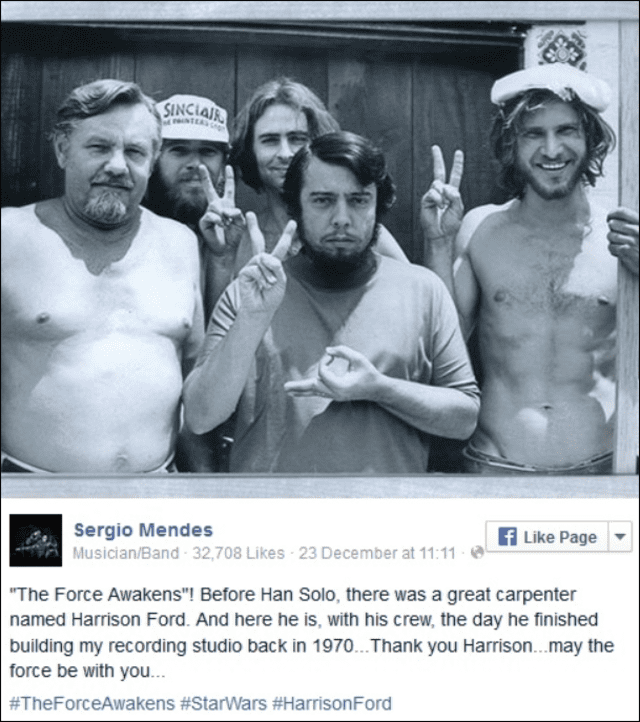 Harrison Ford construyó el estudio de Sergio Mendes en 1970. (Foto: Sergio Mendes)