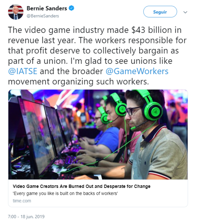 Bernie Sanders sobre sindicatos en la industria de los videojuegos