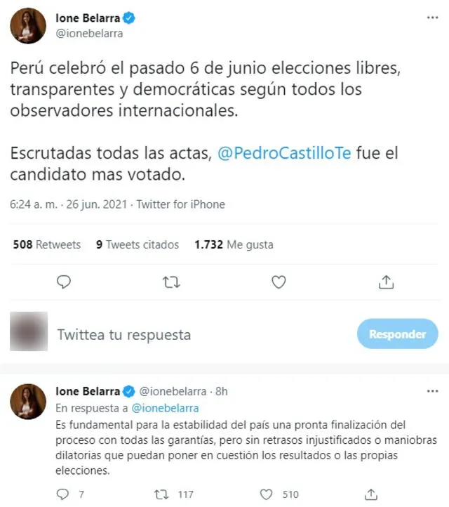 El pronunciamiento de la ministra española sobre los comicios en Perú. Foto: captura de Twitter