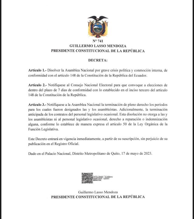 Decreto Ejecutivo 741 | muerte cruzada Ecuador