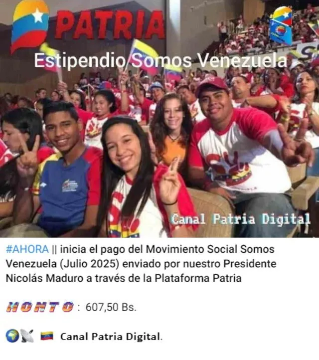 Anuncio del Bono Somos Venezuela de julio 2025. Foto: Canal Patria Digital Anuncio del Bono Somos Venezuela de julio 2025. Foto: Canal Patria Digital