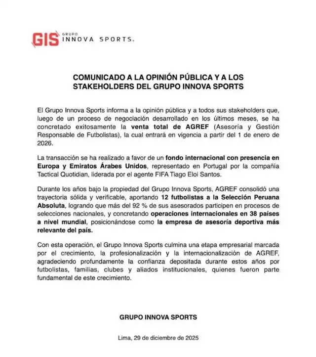 Comunicado de venta de Agref. Foto: Innova Sports   