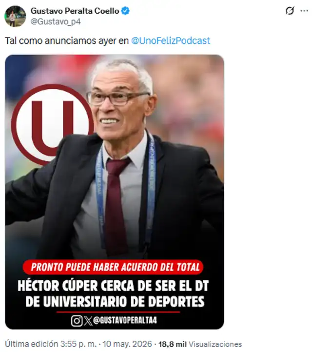 Gustavo Peralta informó que Héctor Cúper está cerca de llegar a Universitario. Foto: Gustavo Peralta/X  