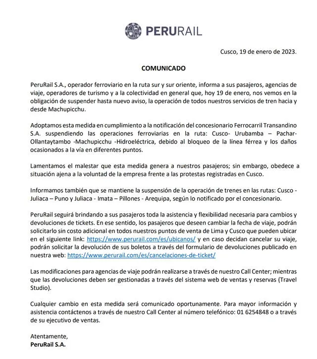 PeruRail realizó comunicado. Foto: difusión