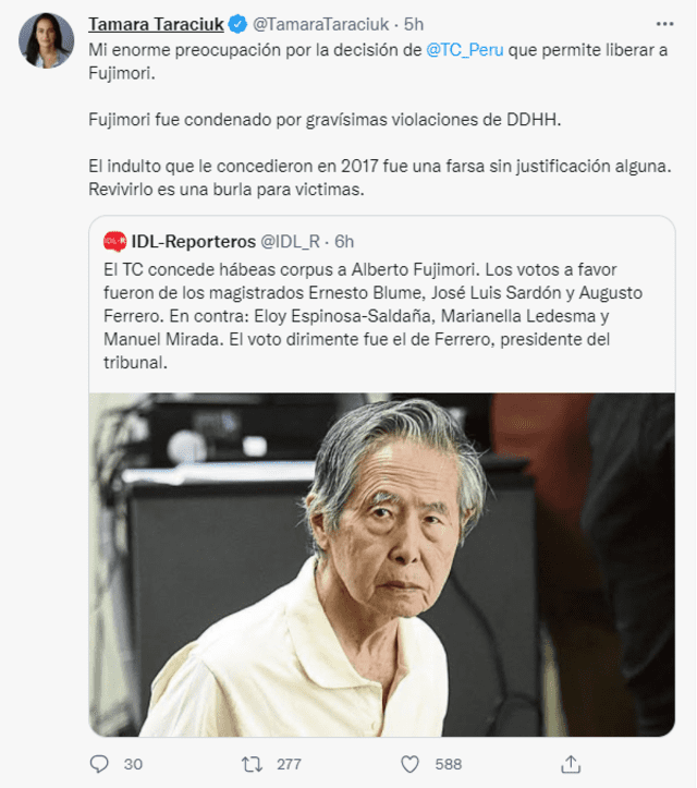 "Mi enorme preocupación por la decisión de @TC_Perú que permite liberar a Fujimori”, expresó la directora interina de Human Rights Watch para las Américas. Foto: captura de Twitter / Tamara Taraciuk