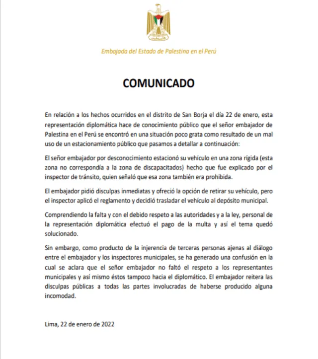 Comunicado de la Embajada de Palestina en Perú. Foto: Embajada de Palestina