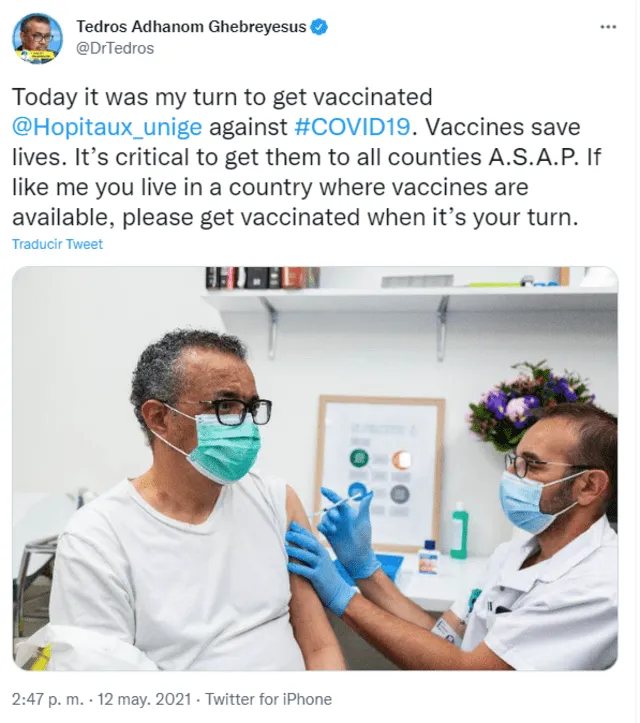 Vacunación del 12 de mayo de 2021. Foto: captura en Twitter / Tedros Adhanom.