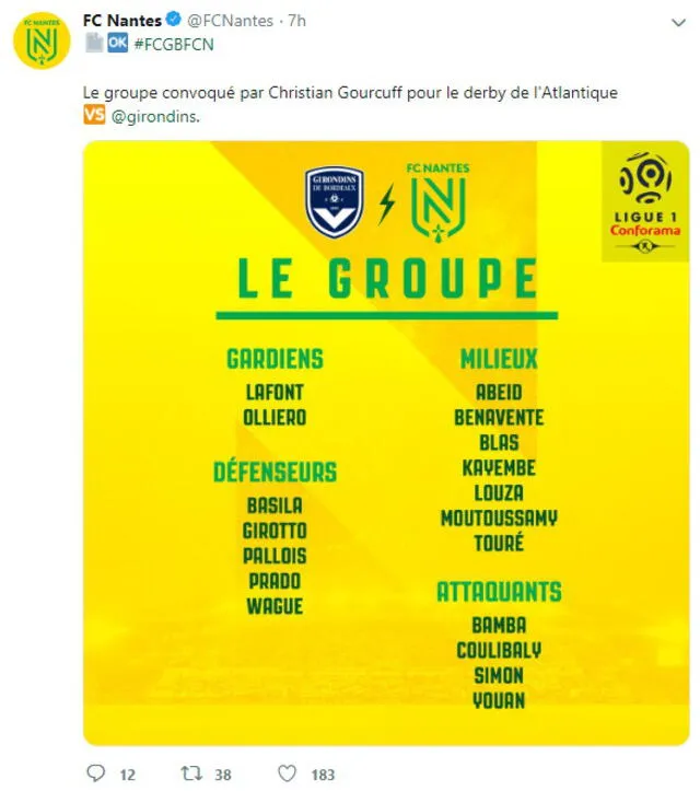 Convocatoria del Nantes para su partido del domingo ante el Bordeaux. Foto: Twitter Nantes FC.