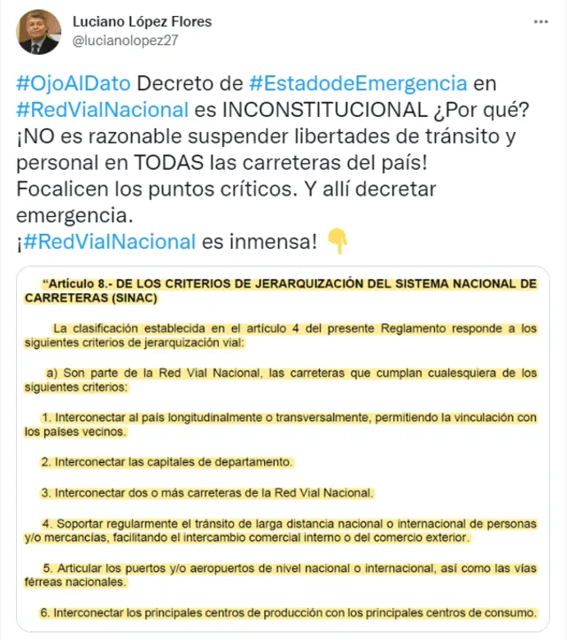 Decreto Supremo que declara estado de emergencia en la Red Vial Nacional es inconstitucional