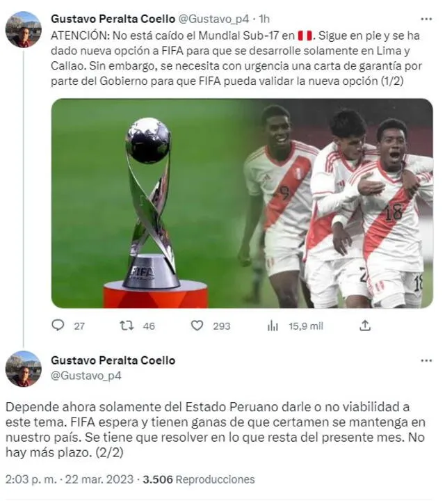 Mundial aún puede desarrollarse en Perú. Foto: Twitter.   