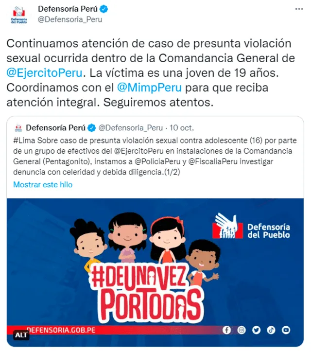 Defensoría del Pueblo se pronunció sobre la violación sexual que sufrió joven de 19 años dentro de la Comandancia General del Ejército del Perú. Foto: Twitter/Defensoría
