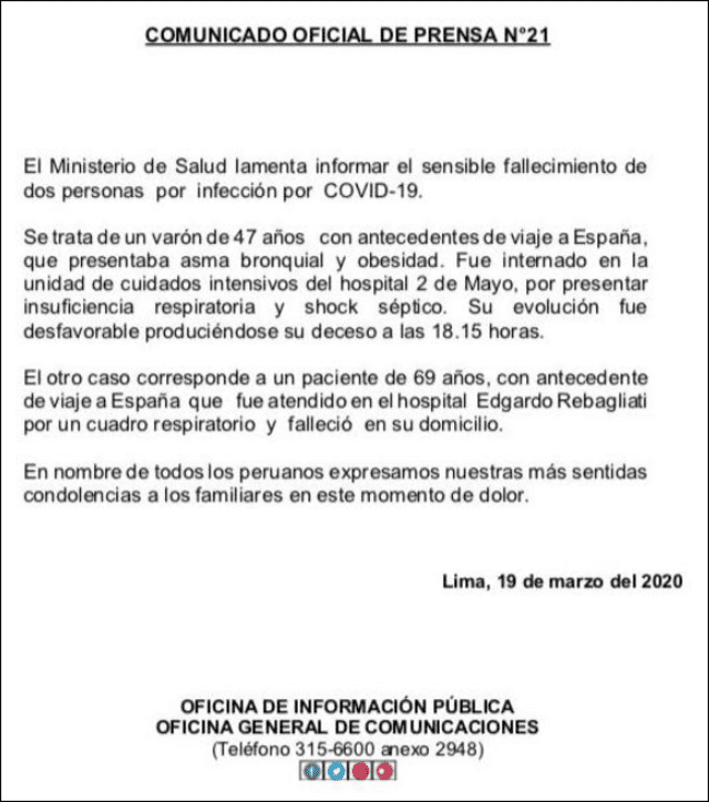 Ministerio de Salud confirma segunda muerte por coronavirus en Perú.