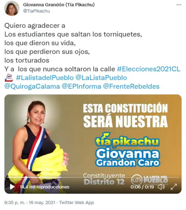 Giovanna Grandón agradeció a las personas que mayormente representaron el estallido social ocurrido a finales de 2019 en Chile. Foto: captura de Twitter