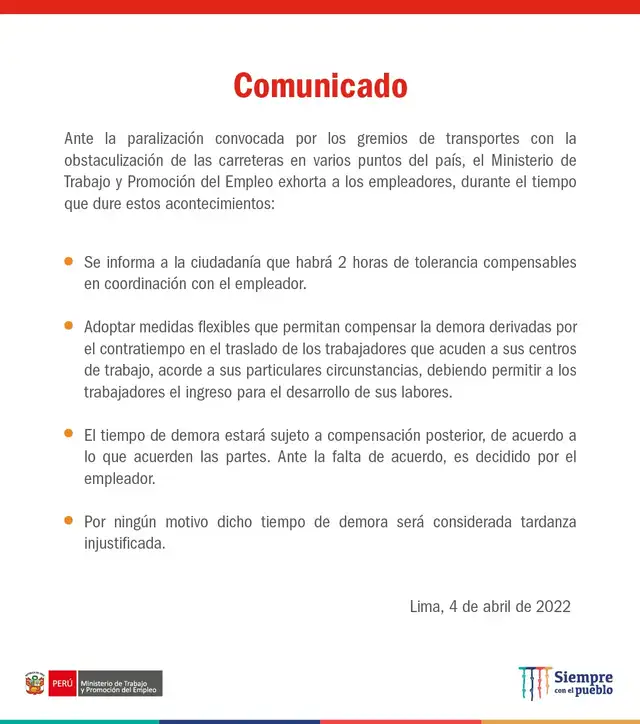 Comunicado del MTPE. Foto: MTPE